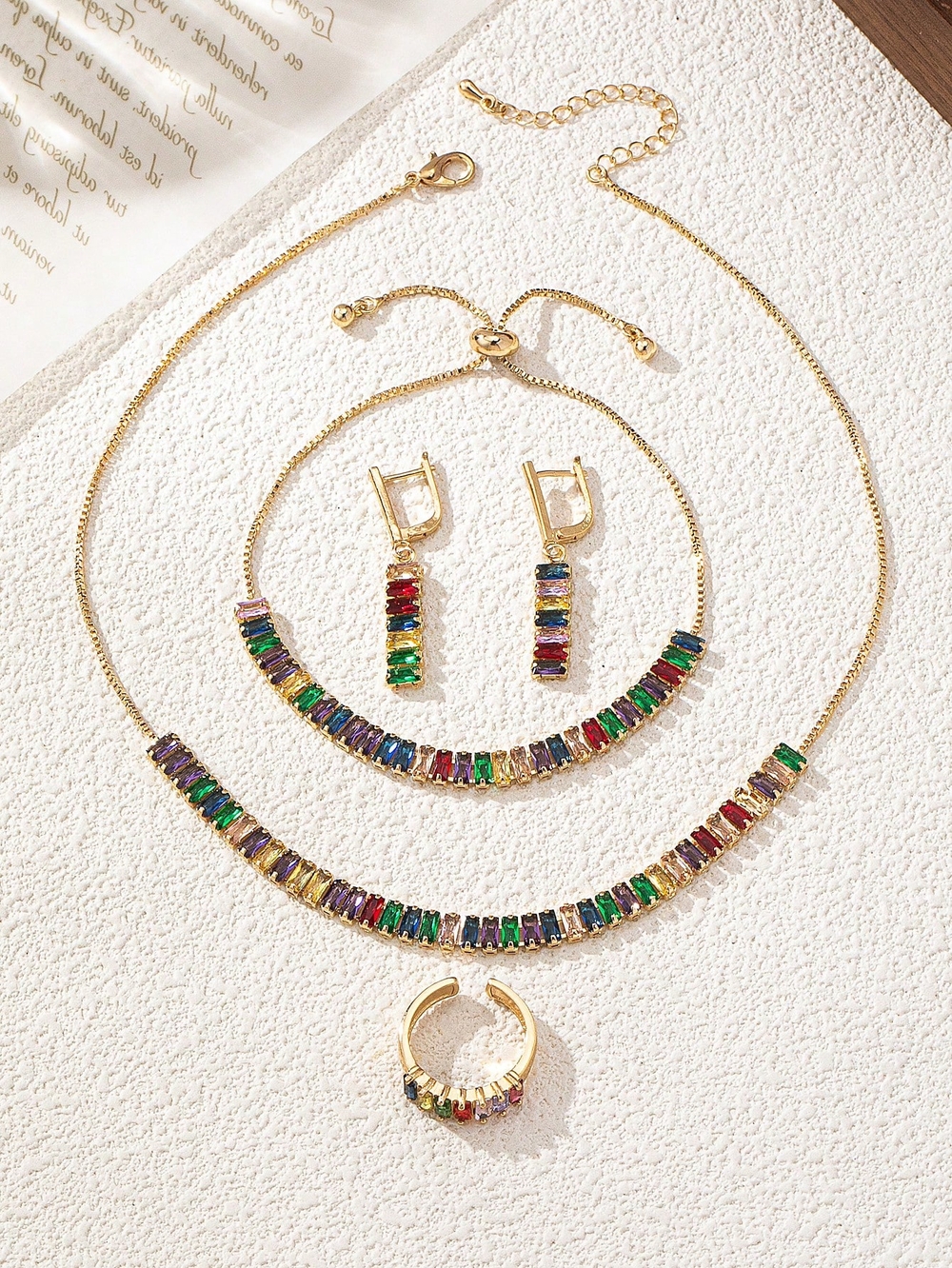 Gold-Tone Multi-Color Baguette Crystal Necklace — Rainbow Elegance